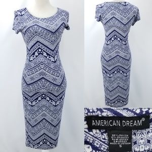 American Dream Womens Juniors Small 29" Bust Navy Zig Zag Rayon Stretch Dress